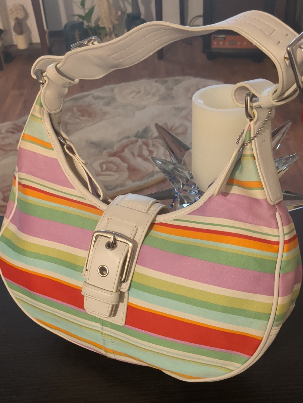 Coach B0769-F10702 White-Trim Multicolor Stripe Shoulder Bag